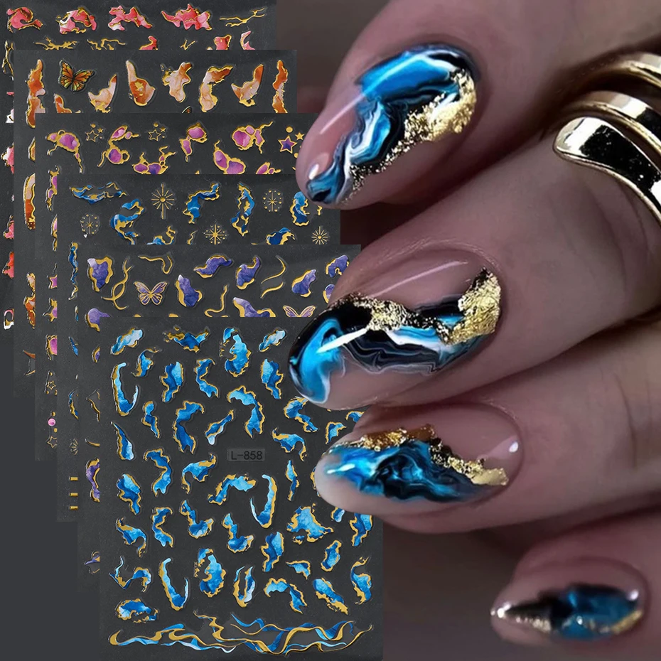 6 pçs 3d impressão de mármore adesivos de unhas multi-colorido bronzeamento gradiente efeito de mármore encantos para unhas aquarela diy design de unhas