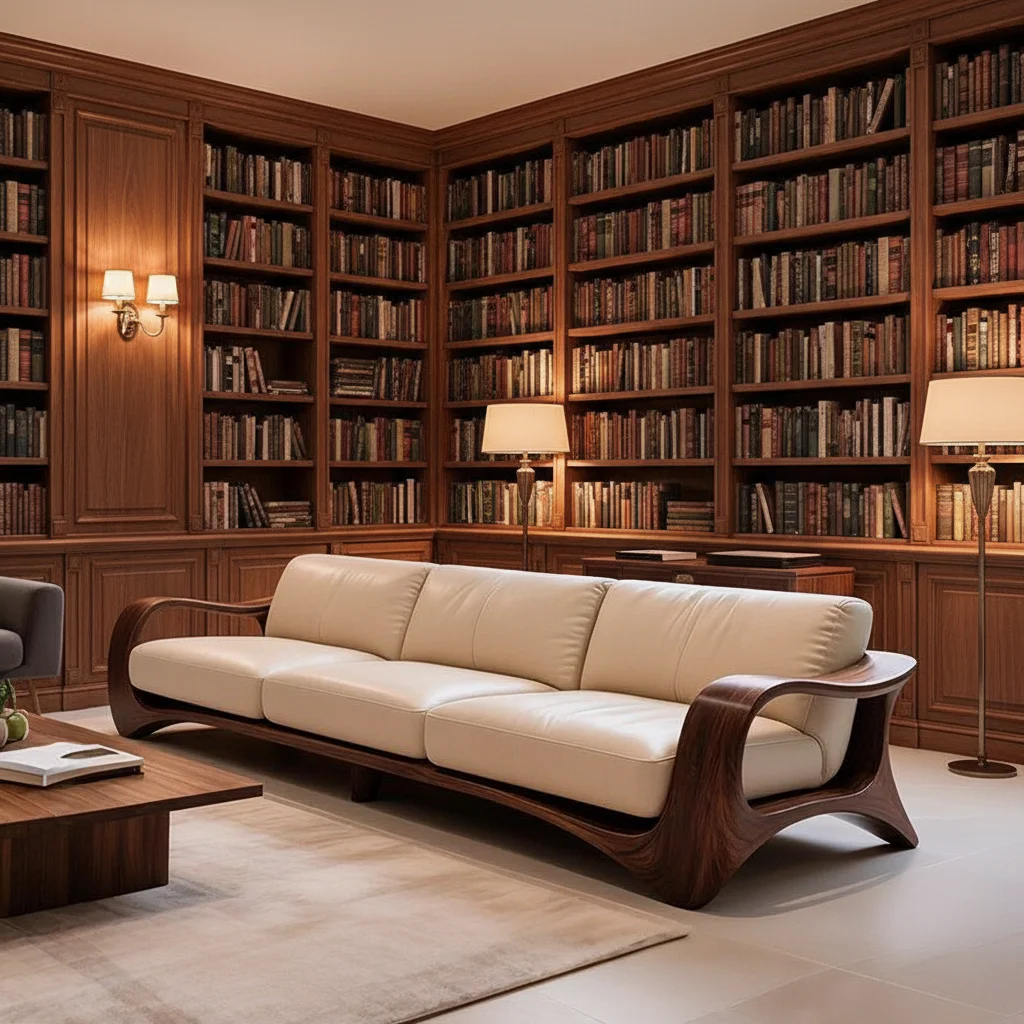 #Solid Wood Walnut Sofa Luxury Villa Large Unit Living Room Straight Row Sofa Leather Designer Style