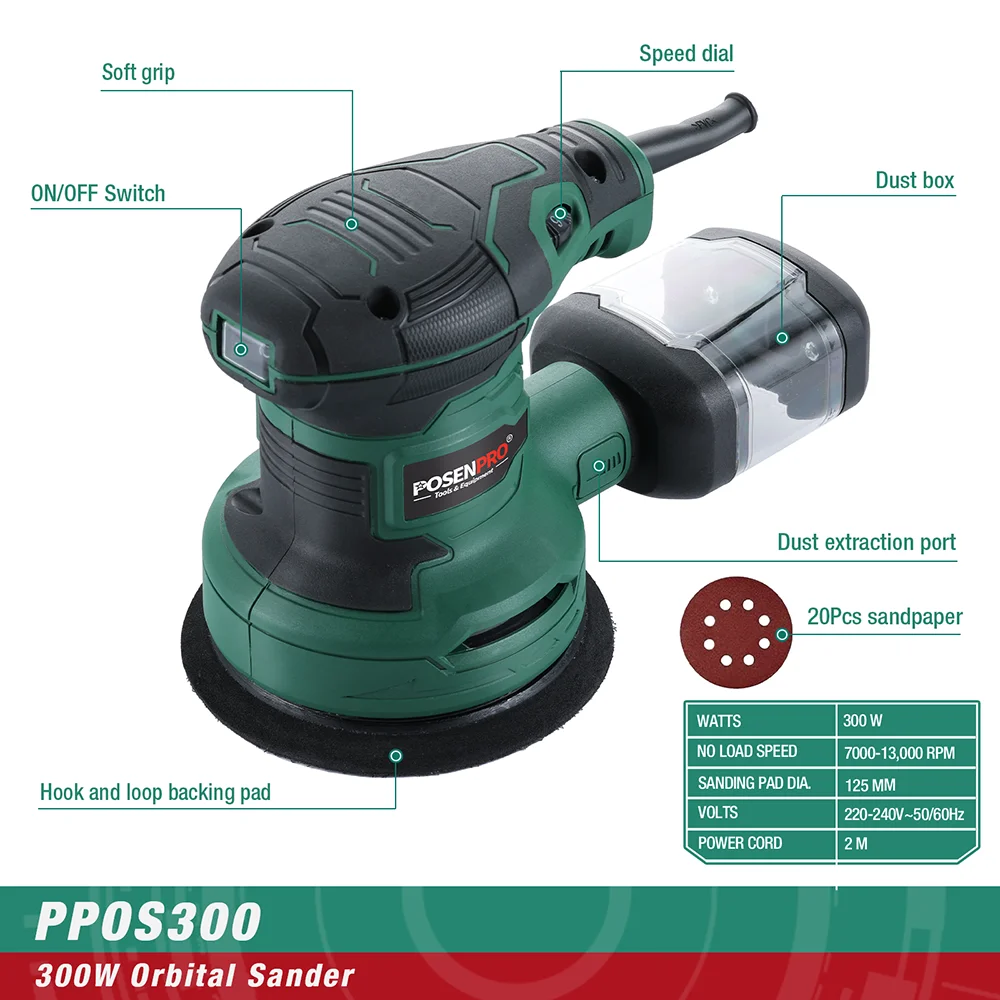 POSENPRO 300W Random Orbital Sander with 20Pcs 125mm Sandpapers, 7000-13000RPM 6 Variable Speed Sander Machine, High Performance