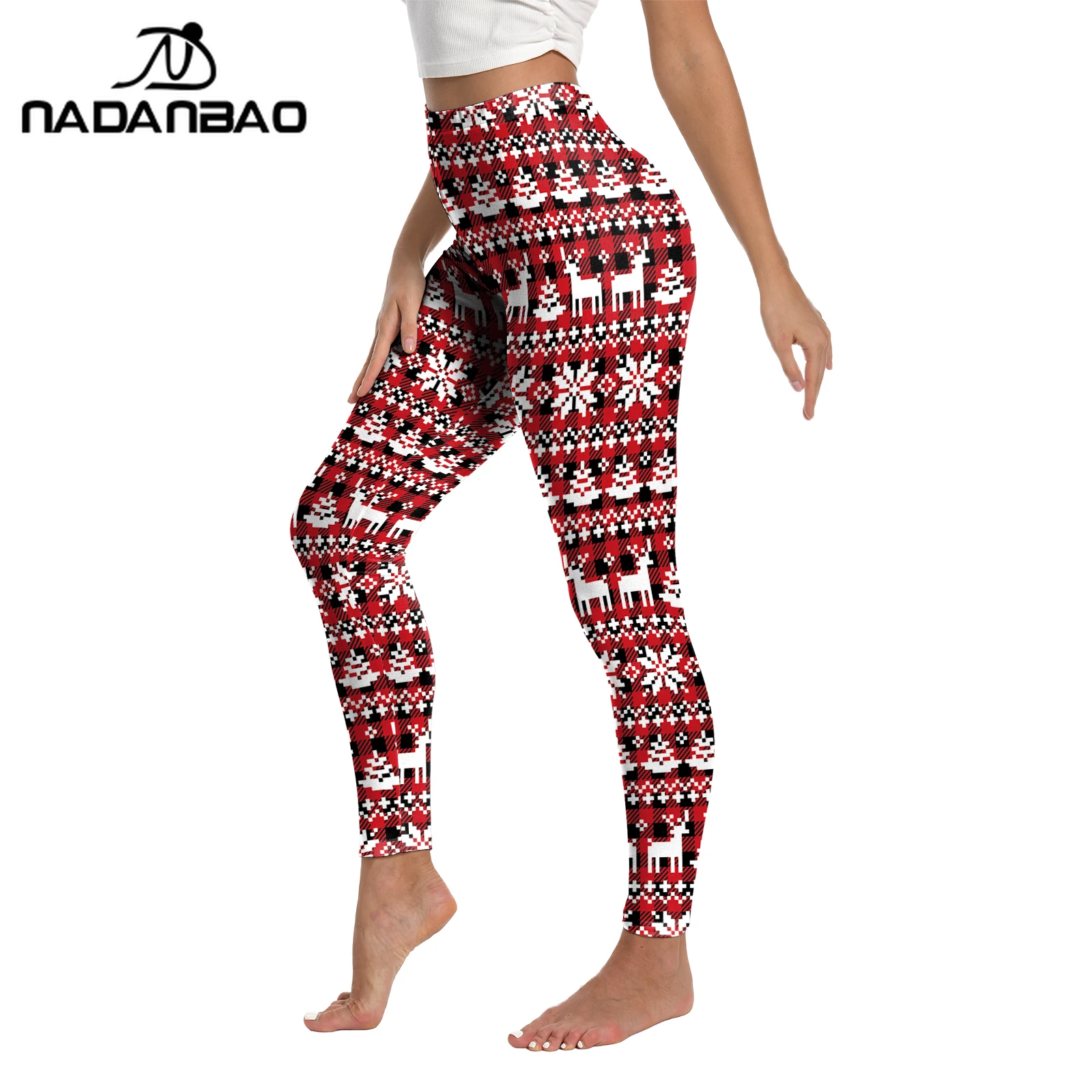 Nadanbao Women Chritsmas Colored Lights Snowflakes Plaid Leggings Waist Stretchy Ugly Xmas Pattern Casual Pants Holiday Party
