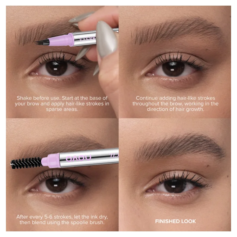 قلم حواجب مقاوم للماء، قلم ميكروبليدينج مع 4 رؤوس مقسمة لمكياج الحواجب ذو المظهر الطبيعي، محدد عيون + حشوة دقيقة