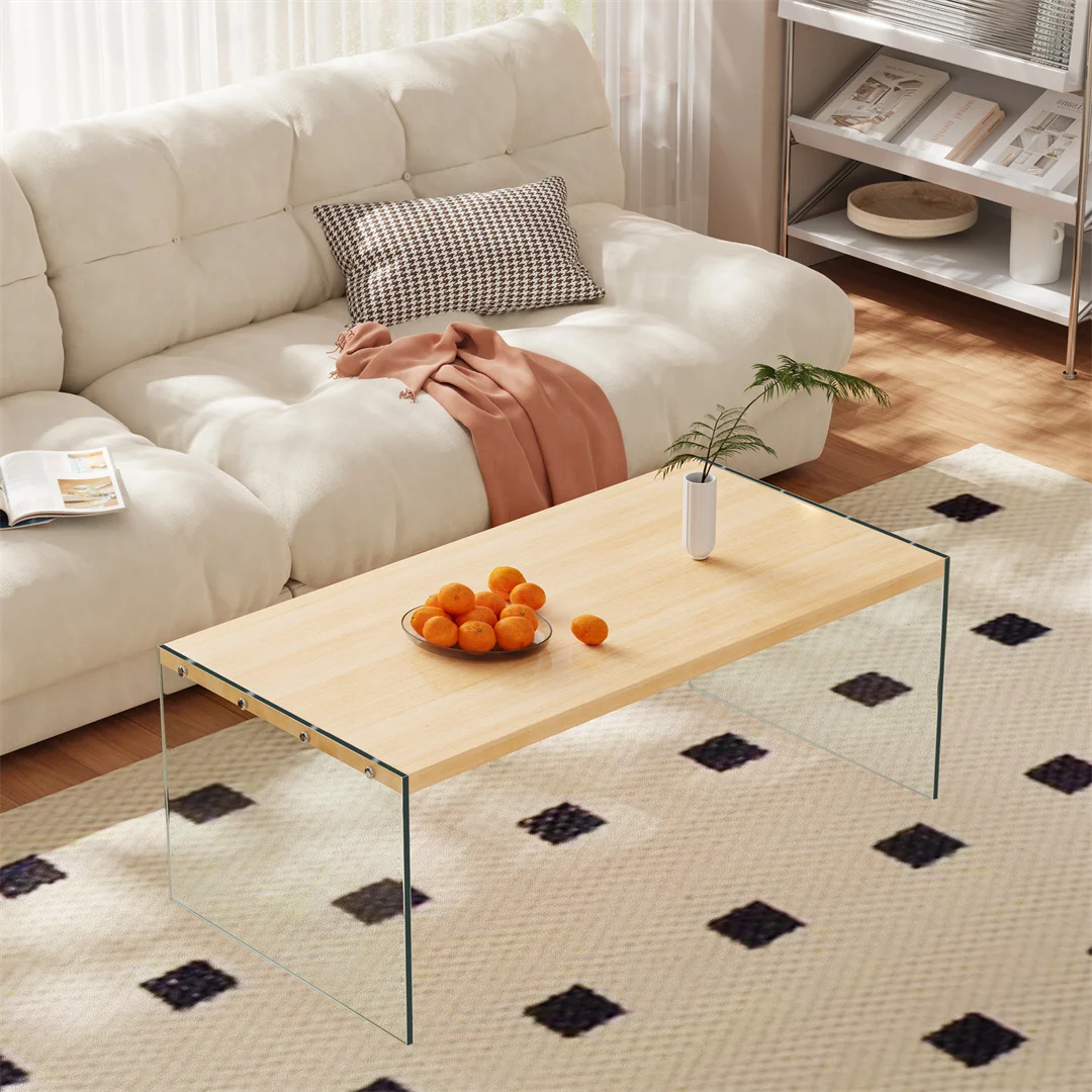 Modern Rectangle Coffee Table Living Room Center Tea Table 120x60cm with Wood Tabletop And Tempered Glass Stand