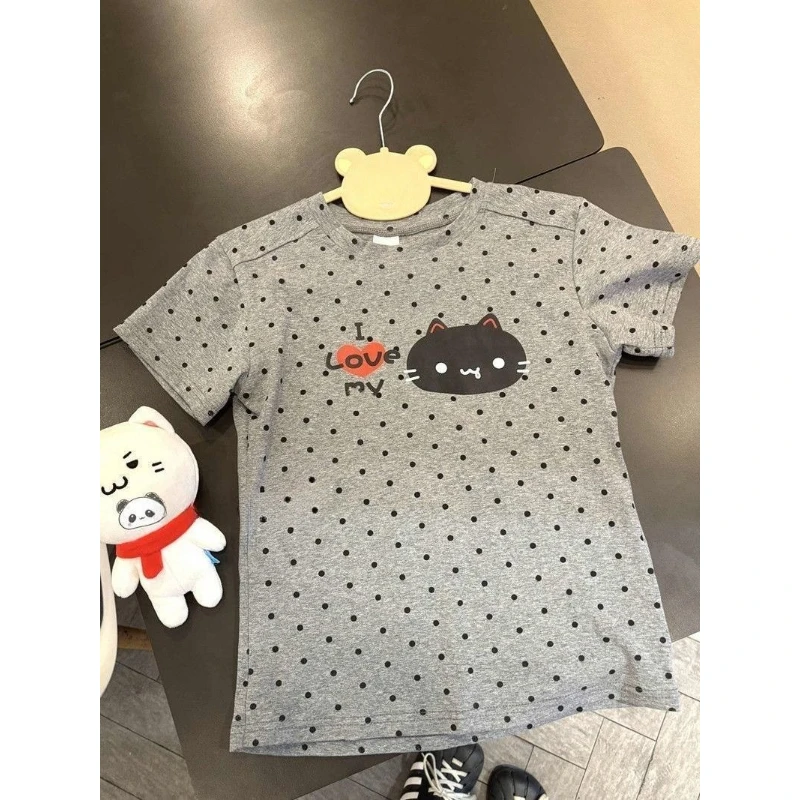 

Deeptown Kawaii Polka Dot Women T-shirts Gray White Cat Printed Short Sleeve T-shirts Japanese Style Anime Tees Cutecore Sweet