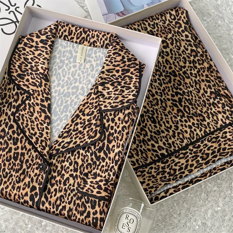 

Роскошные шелковые атласные пижамы для женщин, комплекты для дома, сексуальное леопардовое белье для сна, летняя новинка, домашняя одежда, пижамы