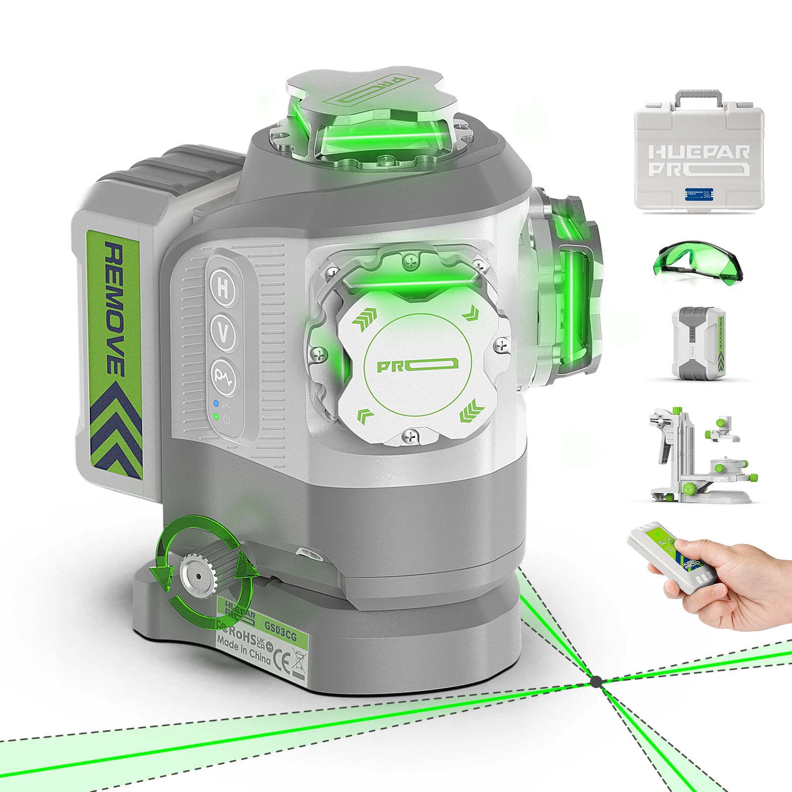 Huepar Pro 3D Laser-Nivelliergerät Selbstnivellierend mit Schwenkbarer Punktfeineinstellung Grüner Laser-Nivellierer ±2mm Überlegene Genauigkeit
