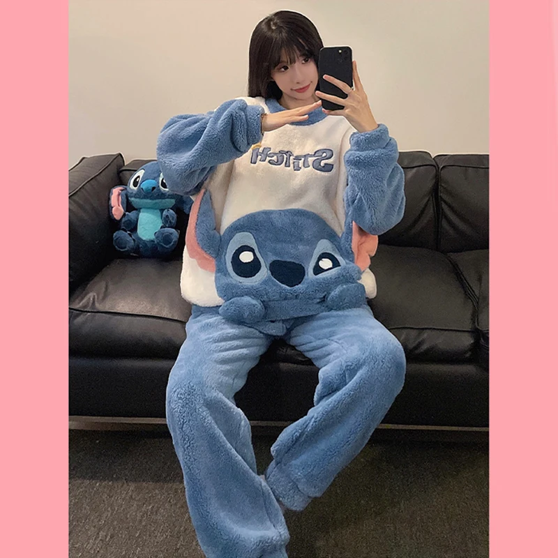 Disney Stitch Cute Winter Thicken Pajamas Sets Men Male Pyjamas Cartoon Flannel Loung Sleepwear Couple Pijama Mujer Homewear