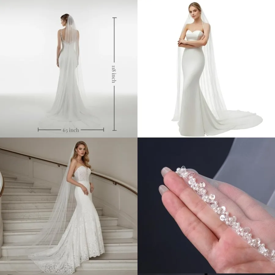 

Wedding Veil Pearls and Crystals Beaded Edge 1 Tier Fingertip Length Bridal Veil