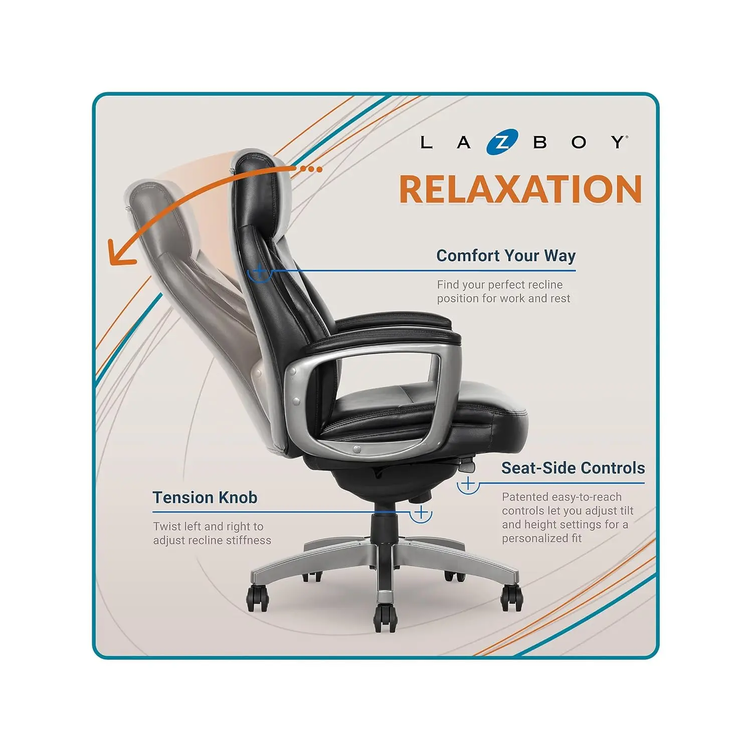 Ergonomic Executive Office Chair Bonded Leather Adjustable Height 29.5D x 28W x 43.25-46.25H Inch 275 lbs Capacity, Customized