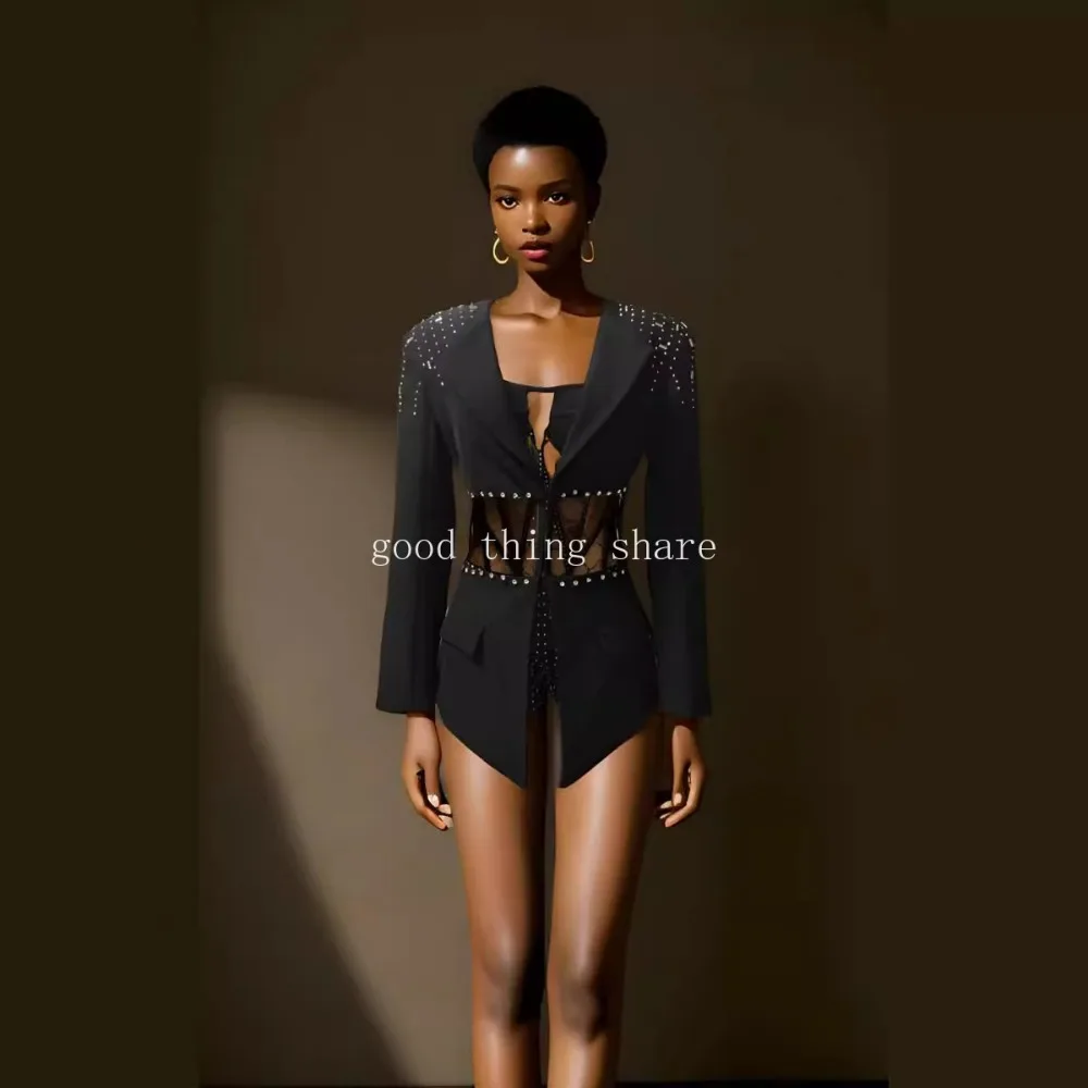 One-Piece Shorts Suit Sexy Cutout Waist-Tight Slimming Inner Rhinestone Long Sleeve Suit Two-Piece Set