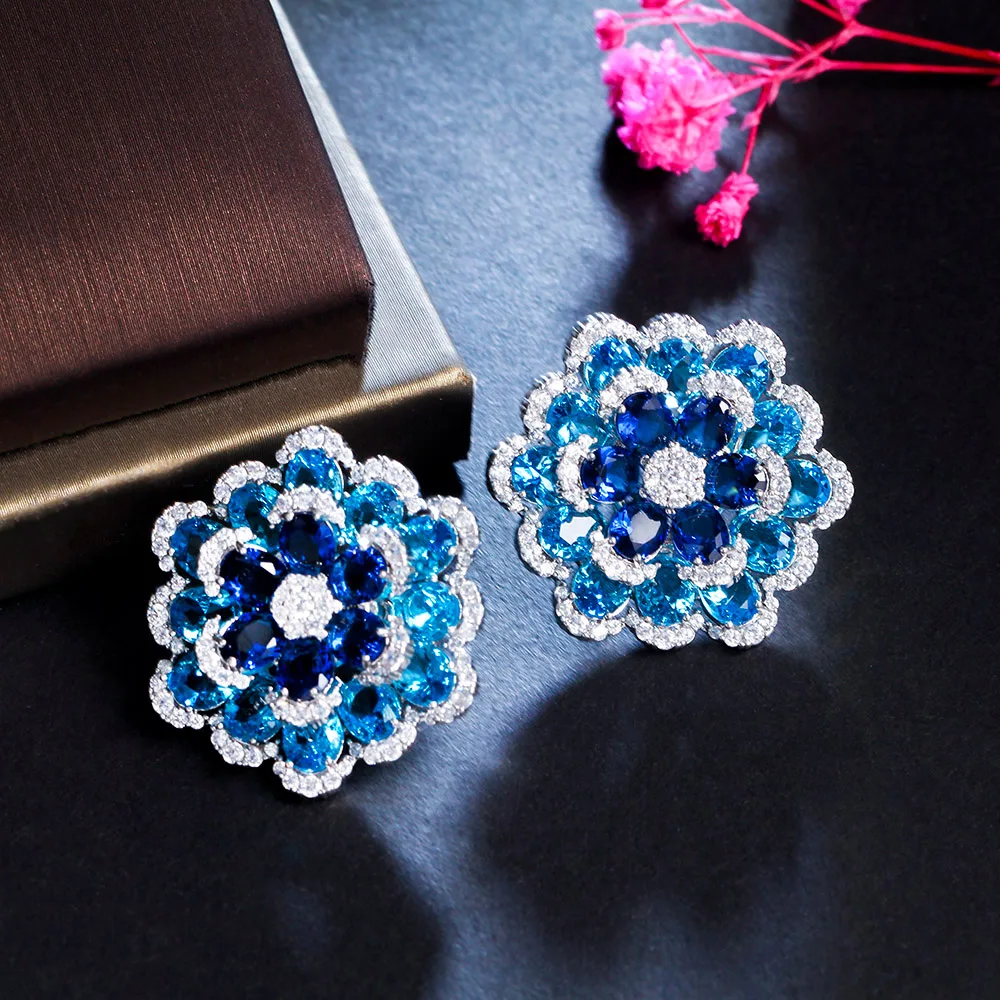 CWWZircons Art Deco Multiple Blooming Flower Blue Cubic Zircon Big Fancy Geometric Earrings for Women Fine Jewelry Gift CZ287