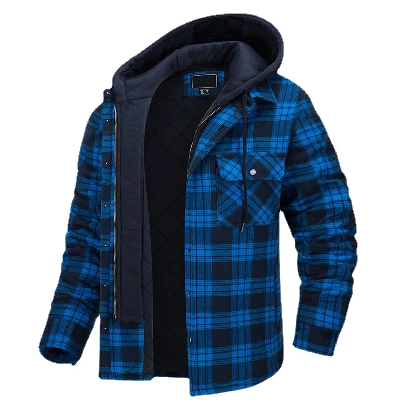 Men\'s Winter Flannel Cotton Shirt Warm Jacket With Hood Long Sleeve Quilted Lined Plaid Button Down Thick Hoodie Outwear Coats