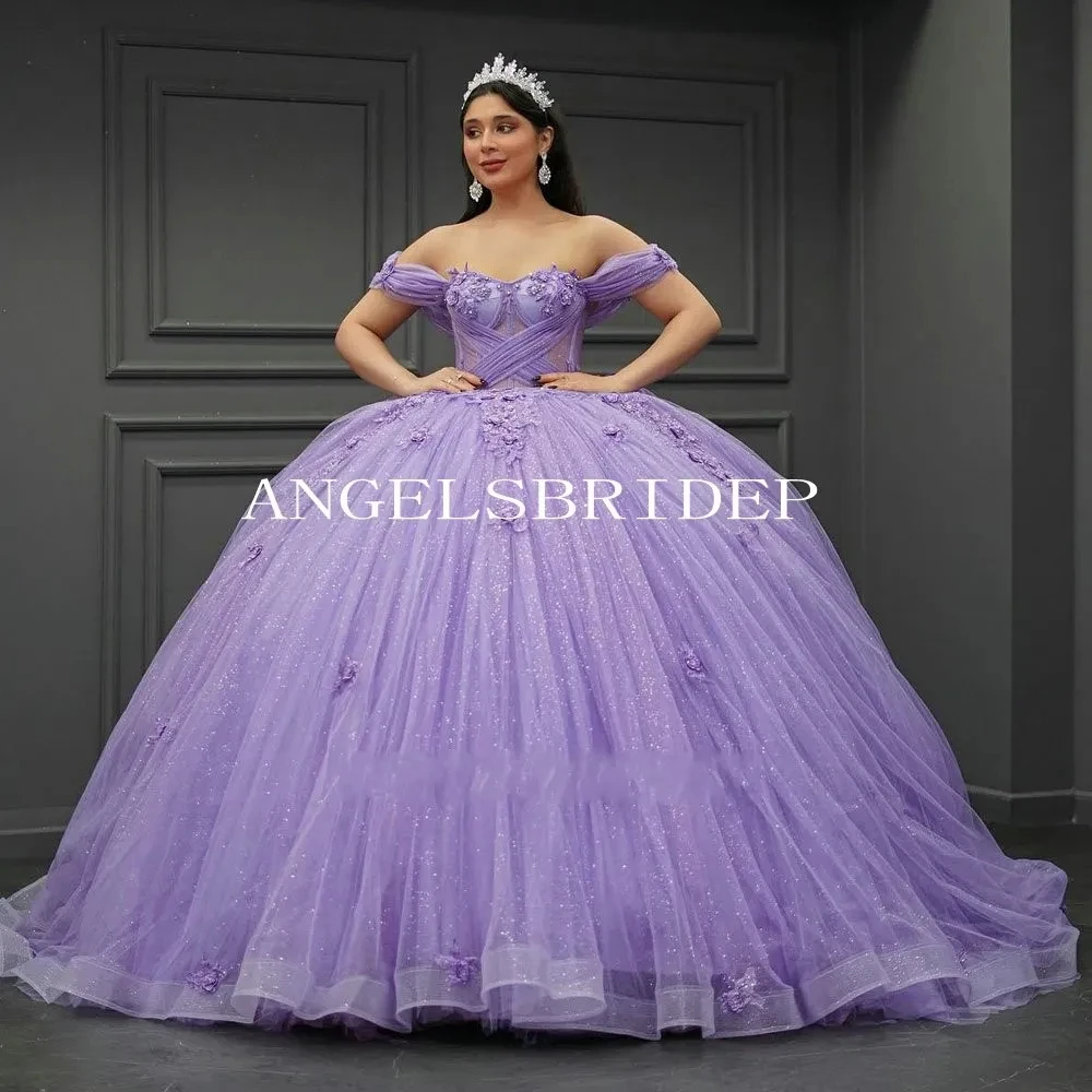 

Angelsbridep Lavender Crystal Quinceanera Dresses Ball Gown Off Shoulder Appliques Illusion Corset vestidos de 15 años