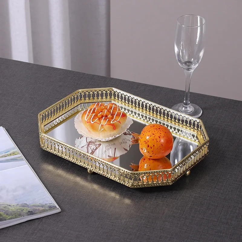 Light Luxury Mirror Metal Tray Cafe Restaurant Home Entrance Storage Tray Sample Pose Decoration Props Trays Decorative