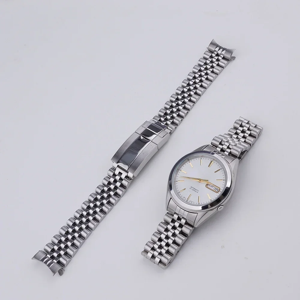 Rolamy 18mm Watch Band For Seiko 5 SNKL41 SNKL43 SNKL45 SNKL47 Silver Gold Hollow CurvedEnd Solid Screw Links Jubilee Strap