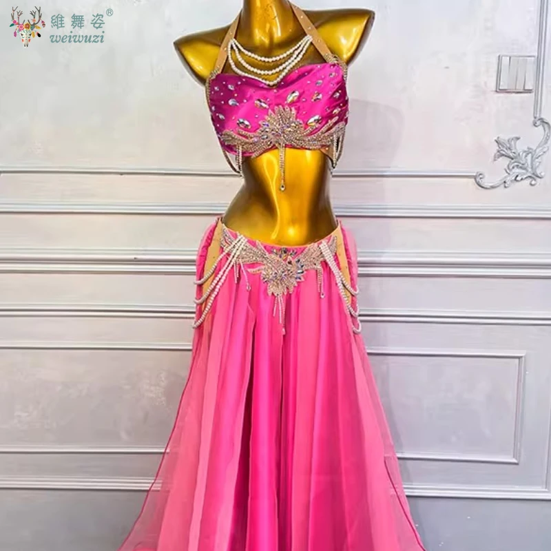Bauchtanz-Kostüm-Set, individuelle Gestaltung, luxuriöser Diamant-BH + sexy geteilter langer Rock, 2-teilig, orientalische professionelle Performance-Kleidung