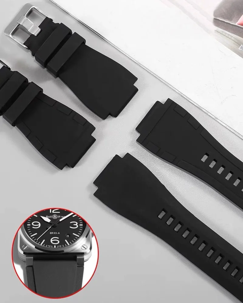 24x35mm Waterproof Rubber Watch Strap for Bell &Ross BR-01 BR-03 Series Convex Mouth Pin Buckle Watch Band Replacement Bracelet