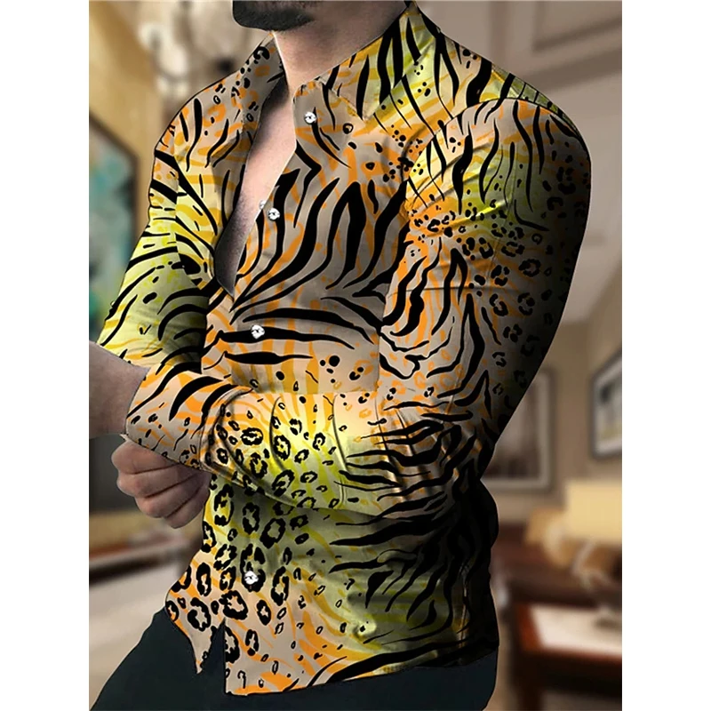 Vintage Social Long Sleeved Shirts For Men Oversized Casual Shirt Tiger Print Button Tops Men\'s Clothing Outdoor Party Clothing