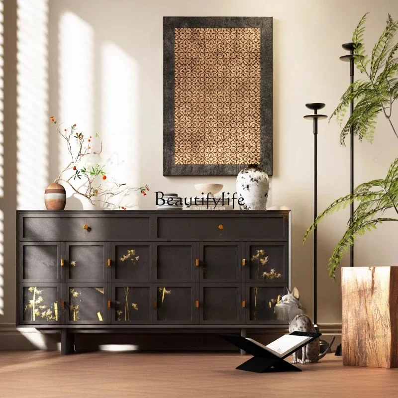 

French retro solid wood dining side cabinet, antique bamboo painted hand-painted locker in living roomL