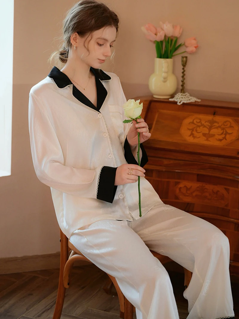 Spring Autumn Cream Black Pajama Long Sleeve Pants Silk Two Piece Set Casual Princess French Sleepwear Loungewear Home Clothing