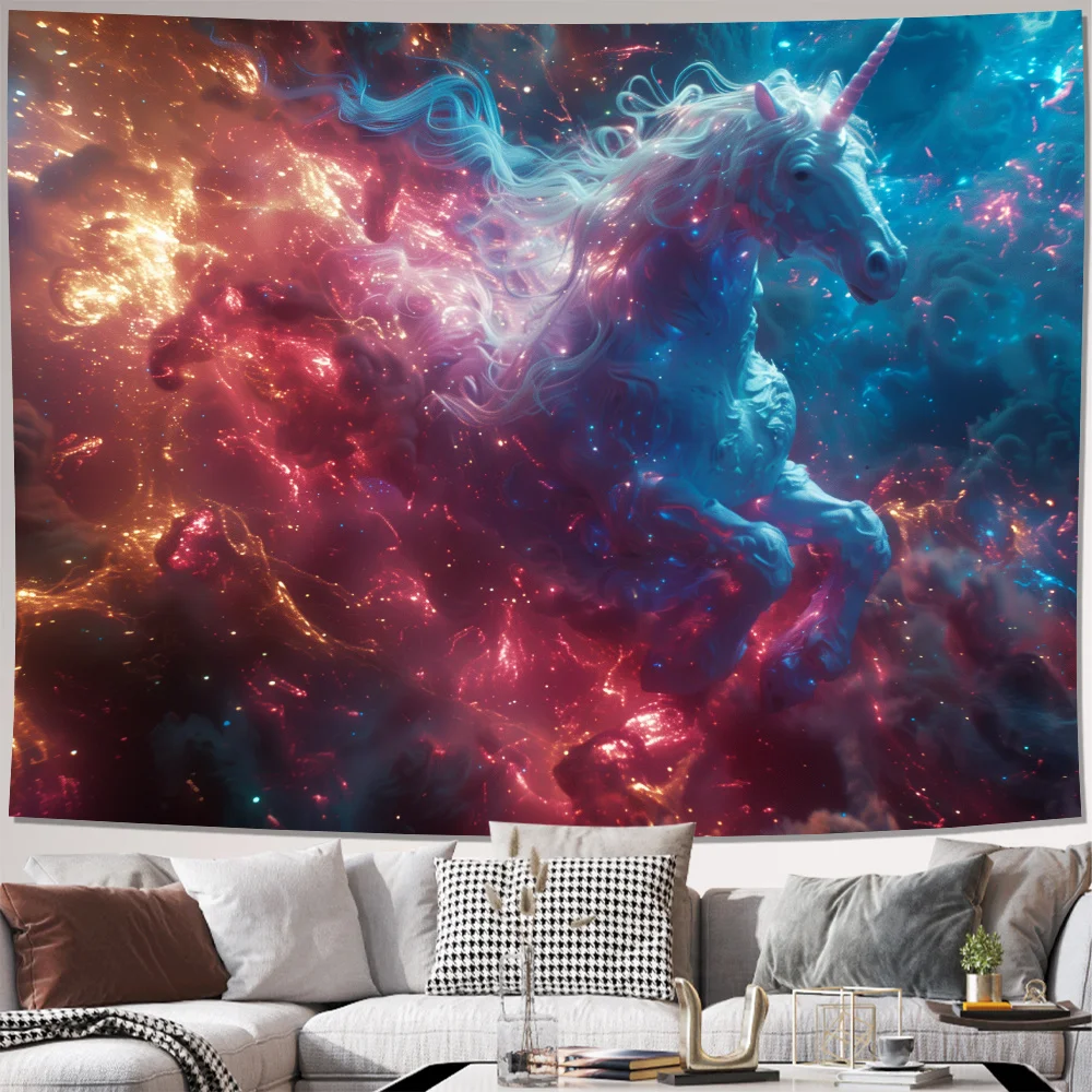 Cosmic Unicorn Tapestry 2D Digital Print Polyester Wall Hanging Living Room Bedroom Office Decor with Hooks