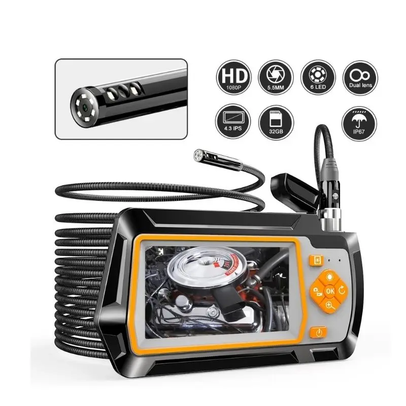 camera endoscopica 1080p 55 mm lente dupla industrial 20mp hd com tela de 43 polegadas boroscopio com led 32g para inspecao de esgoto de carro 01