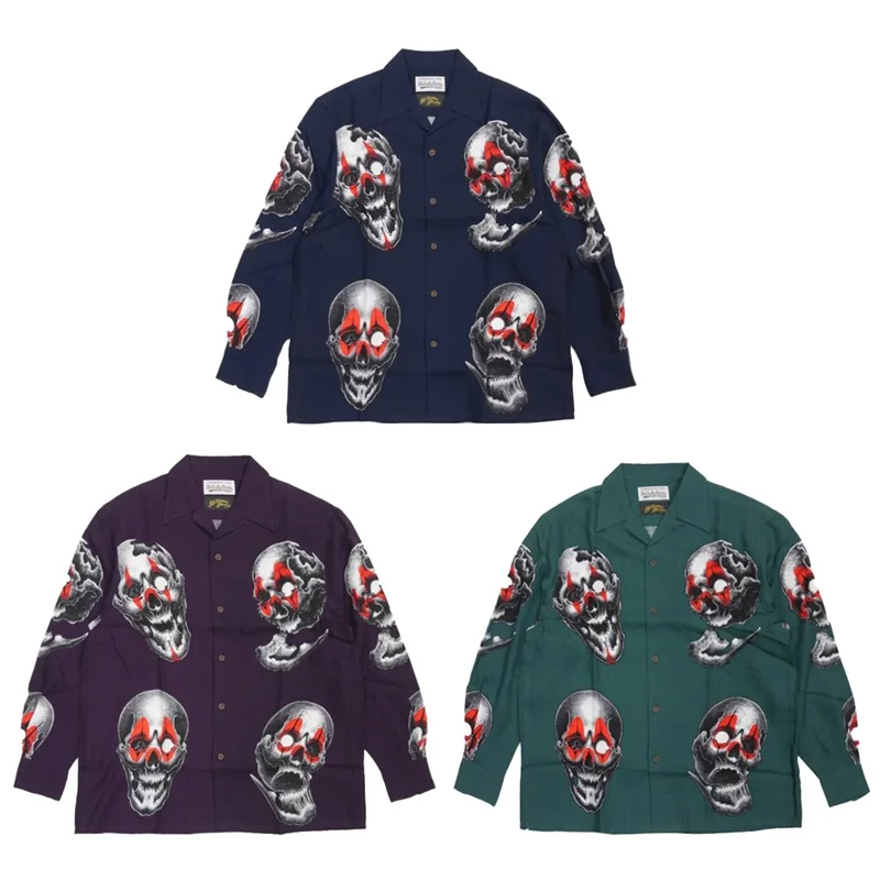 Vintage WACKO MARIA Autumn Winter Skull Logo Print Hawaii Long Sleeve Shirt High Quality Mens Womens Tops Shirt