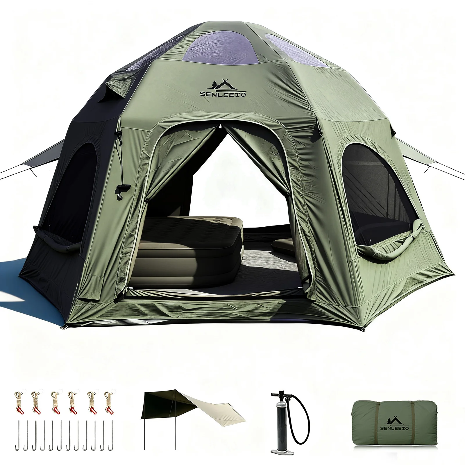 142 خيام تخييم قابلة للنفخ على شكل قبة مربعة الشكل للعائلة، خيمة تفجير من القطن في 4 فصول مع مظلة، فتحة مدخنة، فتحة تيار متردد