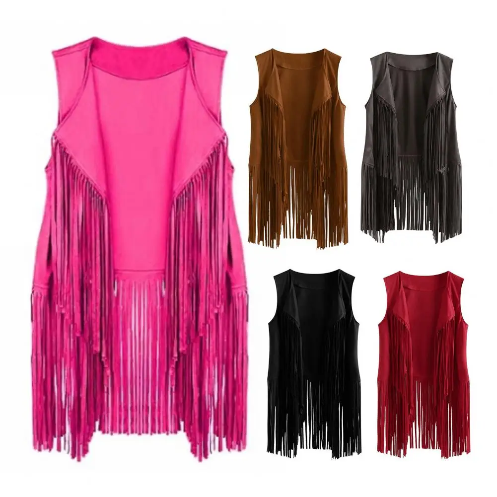 Ladies' Personalized Tassel Vest Top Fringed Vest Sleeveless Cardigan Jacket Open Front Hip Hop Western Cowboy Style Waistcoat