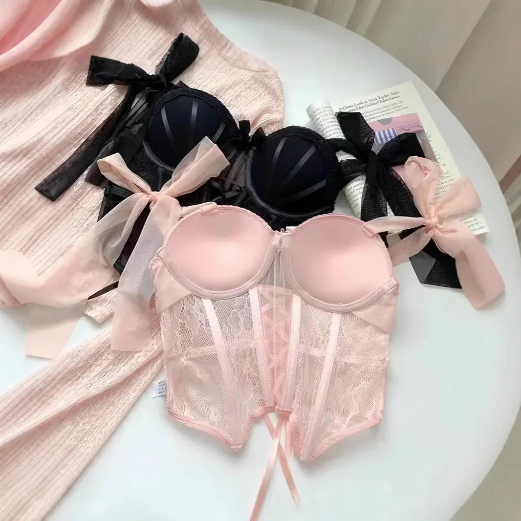 Conjunto de lencería sexy de encaje: Top halter con diseño de espina de pescado y almohadillas, parte inferior fina y parte superior gruesa, para mujer.