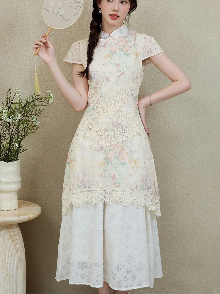 SMTHMA ประณีตใหม่สไตล์จีน Cheongsam ผู้หญิงฤดูร้อนชุดสุภาพสตรี Lace Hollow Out ปลอม 2 ชิ้นชุดเย็บปักถักร้อยดอกไม้