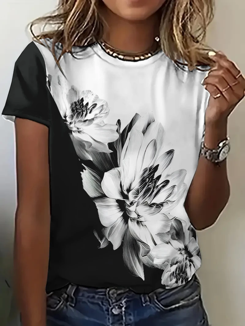 Women's top short sleeved summer floral slim fit cute top round neck slim fit printed T-shirt versatile commuting temperament