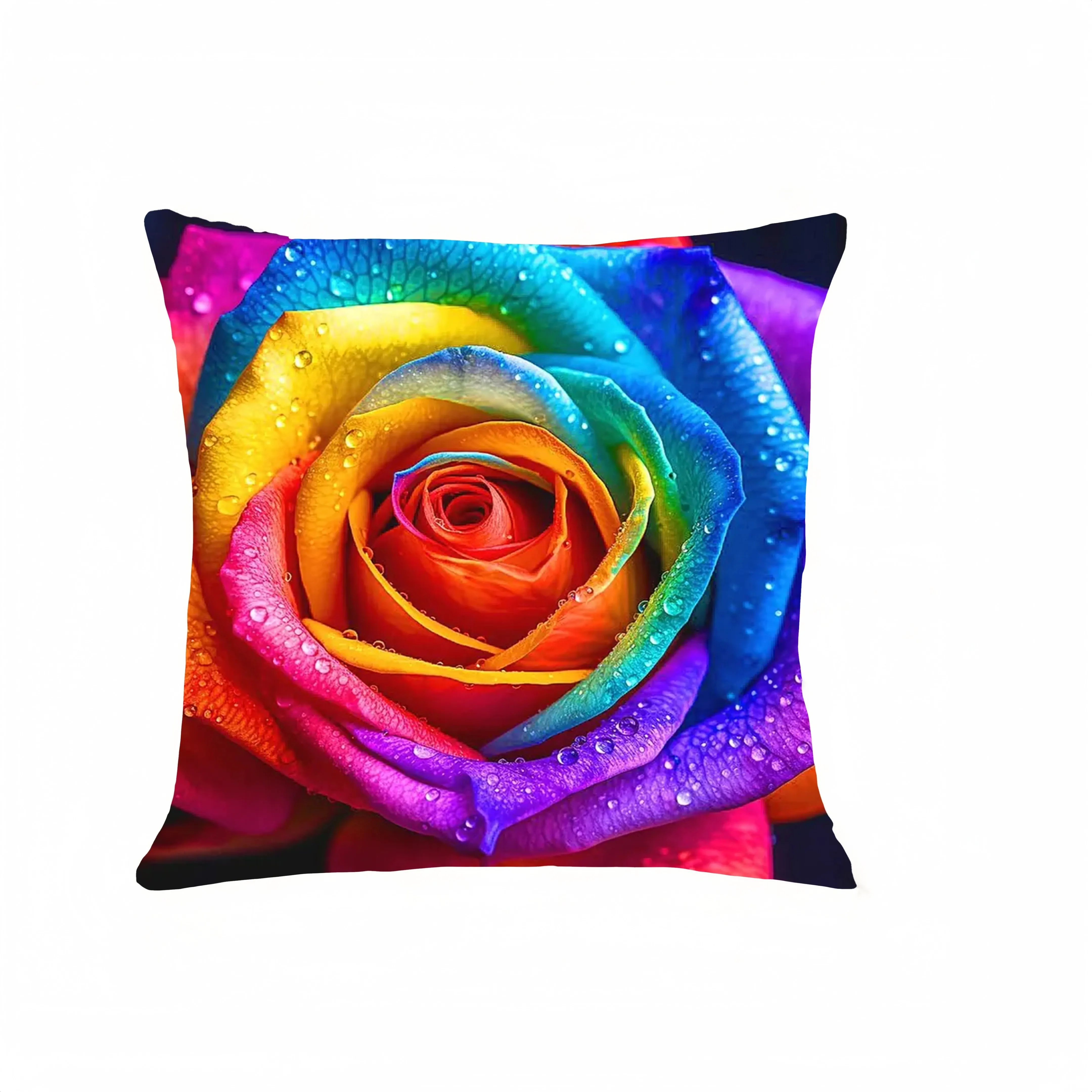 1pc 2D Flat (Pillow Not Included) Rainbow Rose Water Droplets Macro Cushion Cover Short Plush Vibrant Floral Art Decor Throw