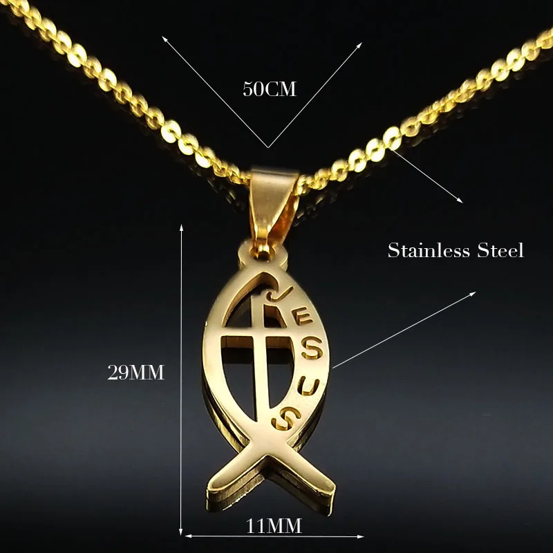 Christian Fish JESUS Cross Stainless Steel Pendant Necklacese for Men Women Gold Color Chain Jewelry collar de pez jesus N1482