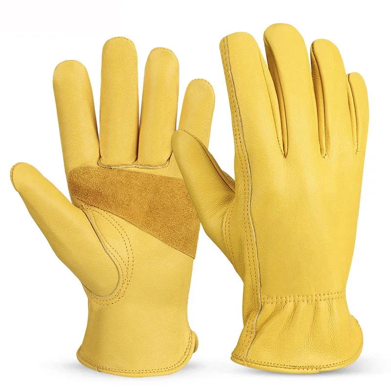 Leather Work Gloves Men Mechanical Gardening Farm Safety Heavy Duty Work Wood Working Driving Riding Yellow Gloves