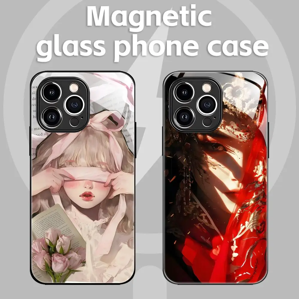 

Чехол для телефона «Красивая девушка» для iPhone 17, 16, 15, 14, 13, 12, 11 X XR XS 8 Plus Mini Pro Max, стеклянный магнитный чехол