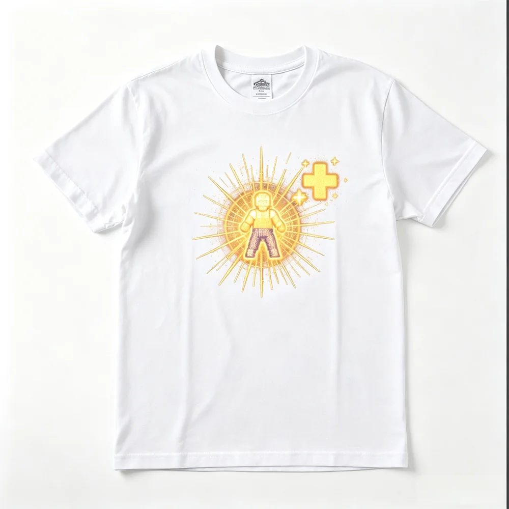 Unisex Retro Gaming Pixel Character Health plus Graphic T-Shirt Video Game Healing Sunburst Aesthetic Short Sleeve Tee for Kids