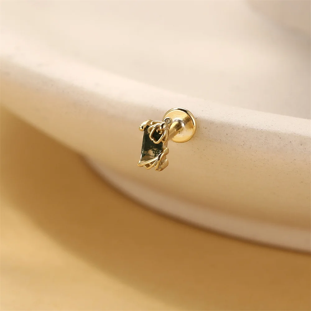 CANNER 1 Stück Sommer Natürlicher Wassergras-Achat Pferdeauge 925 Sterling Silber Flachkopf Piercing Ohrstecker für Damen INS Ohrring – Detail 38