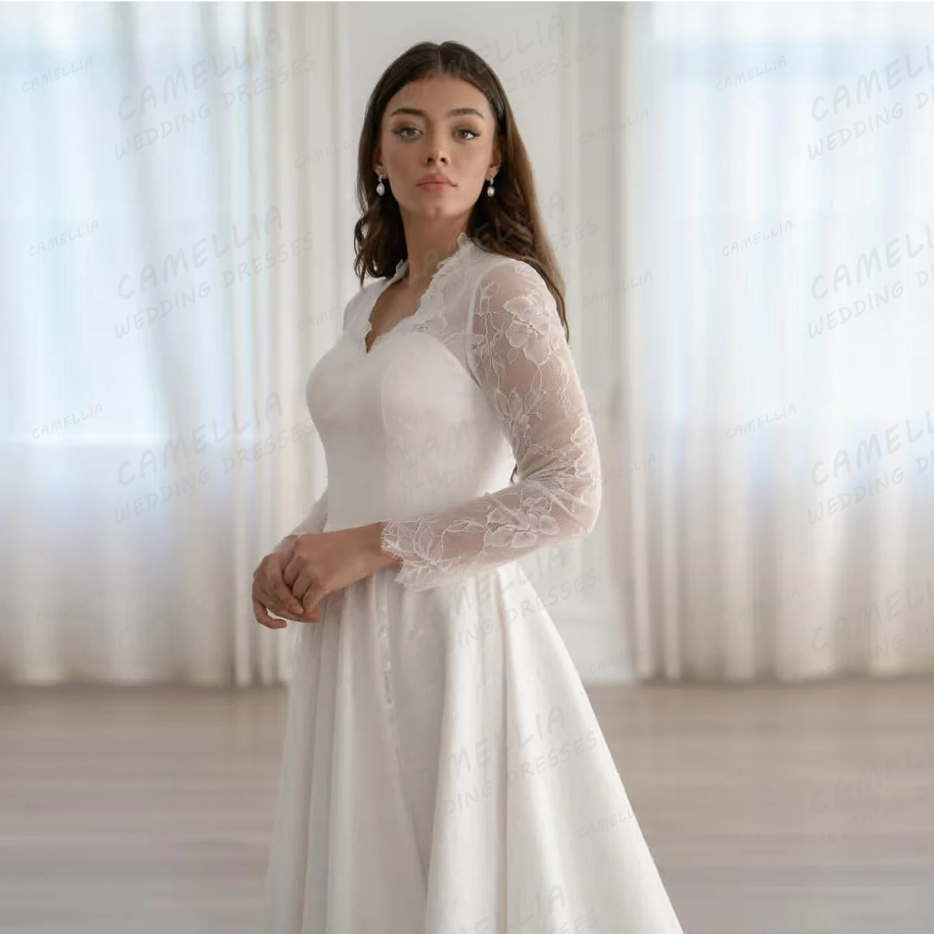 Robes De mariée en dentelle pour femmes, ligne A, avec traîne De balayage, manches longues, avec des Appliques, Gala personnalisé, 2026