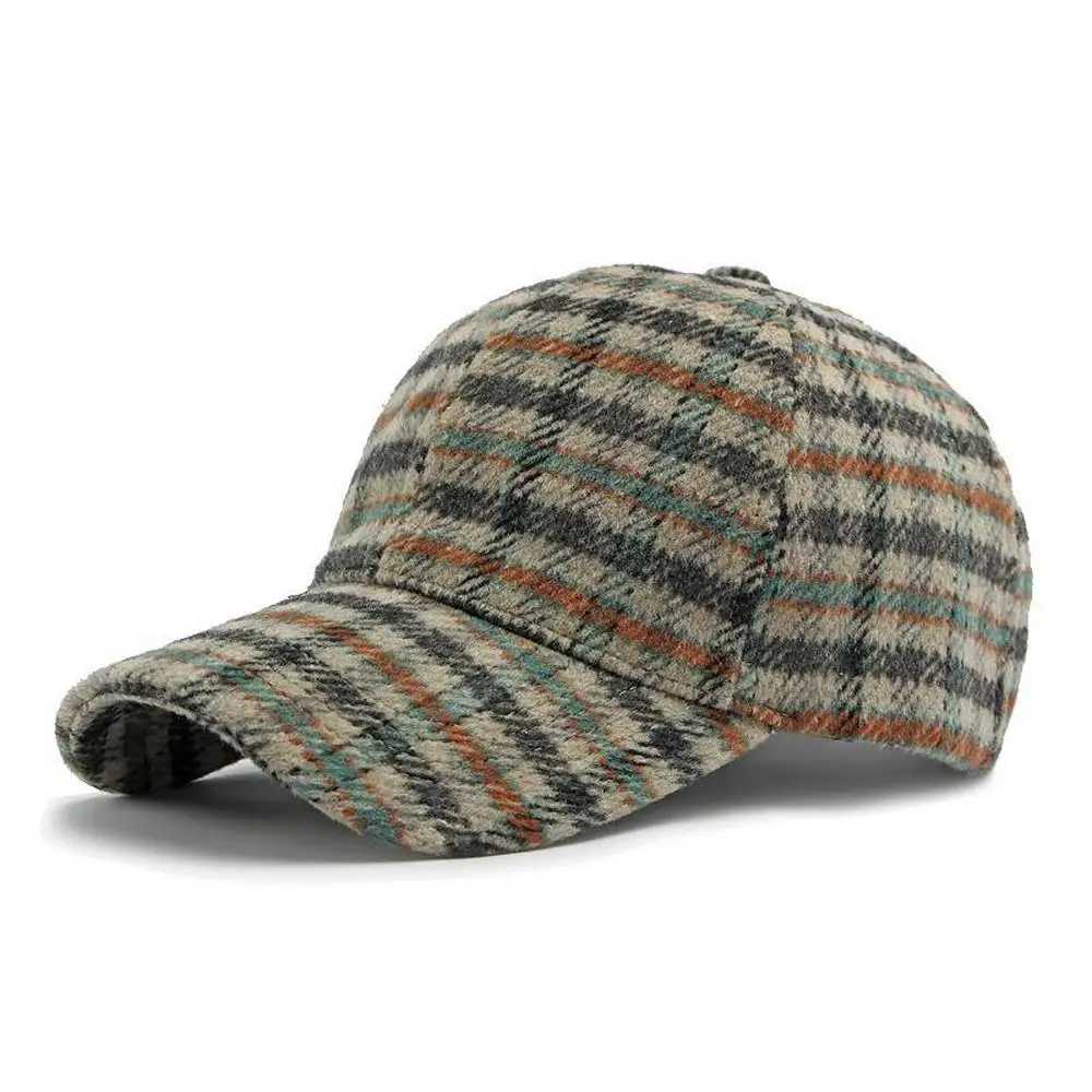 Autumn Winter Unisex Plaid Baseball Cap With Woolen Material 55-60cm Adjustable Casual Versatile Hats For Women And Men BQ0625