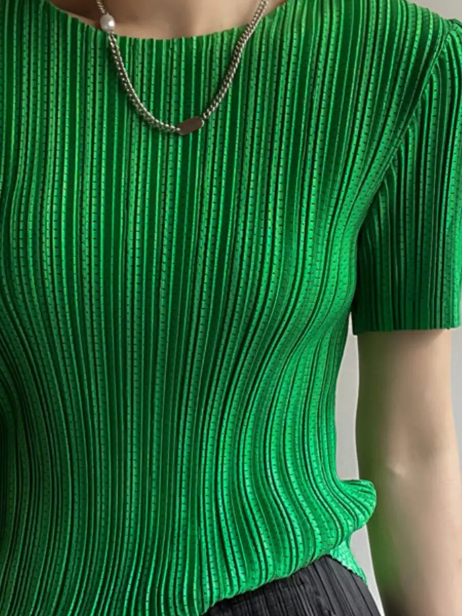 Casual Pleated round Neck Short Sleeve T-Shirt Vertical Stripe Summer New Arrival by Sanza 2026 Polyester Fiber Skin-friendly...