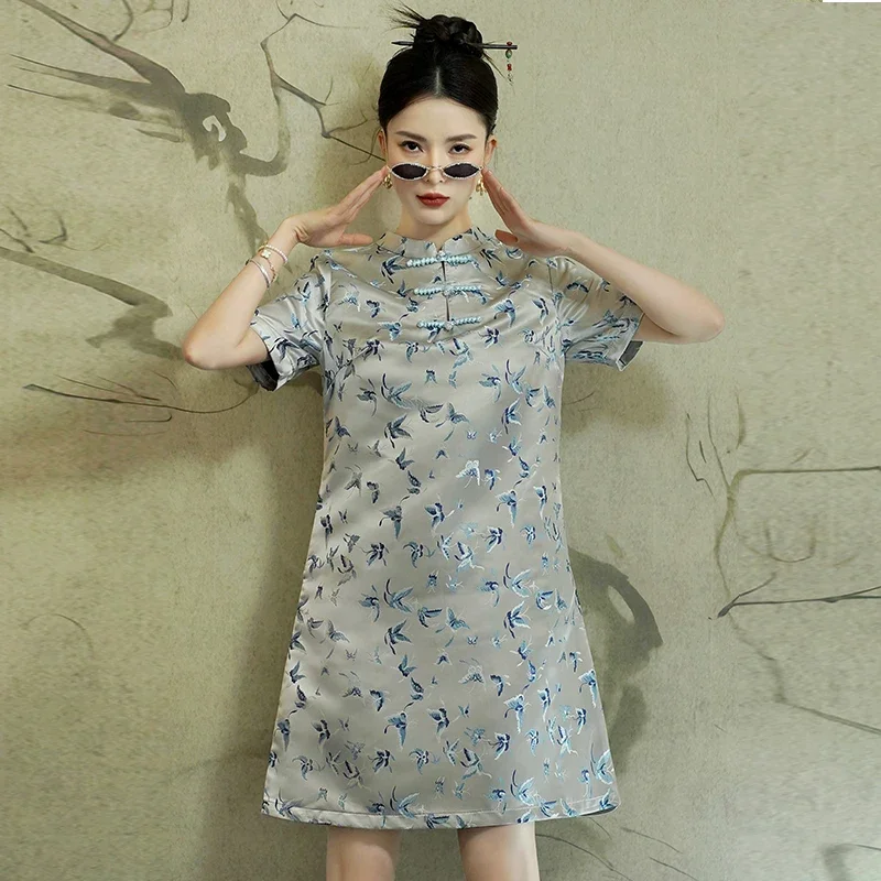 

Improved Cheongsam Skirt Chinese Style Butterfly Print Women's Loose Dress Traditional asian dress