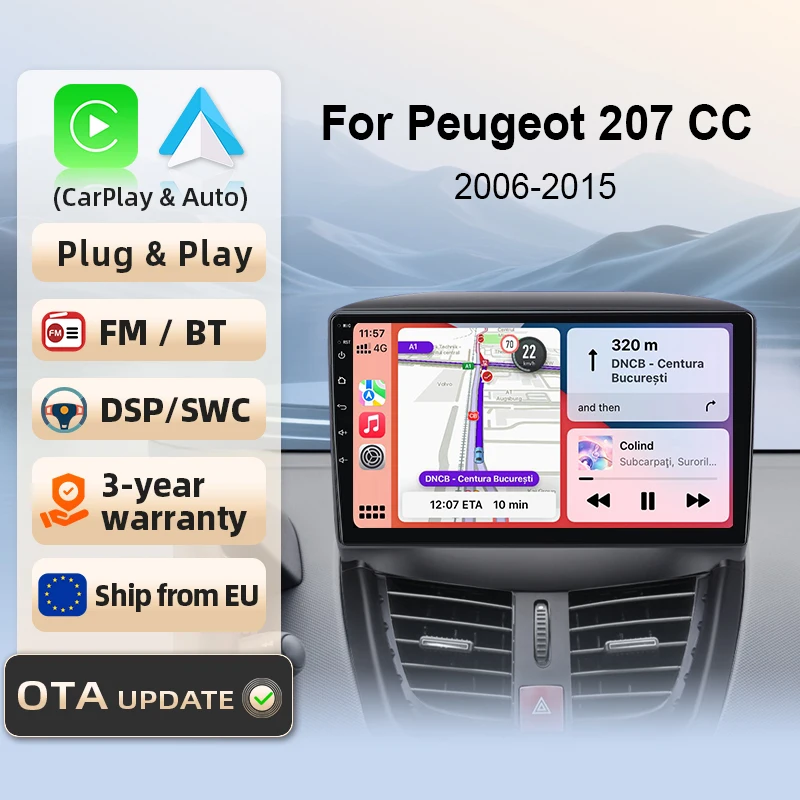 Autoradio pour Peugeot 207 2006-2015, CarPlay et Android Auto sans fil, amplificateur de caisson de basses, systèmes intelligents, écran tactile IPS/QLED, caméra 360, DSP, GPS, navigation, WiFi, DAB+, FM, DSP, BT, SWC, Plug & Play, 2DIN, WiFi 4G, lecteur multimédia