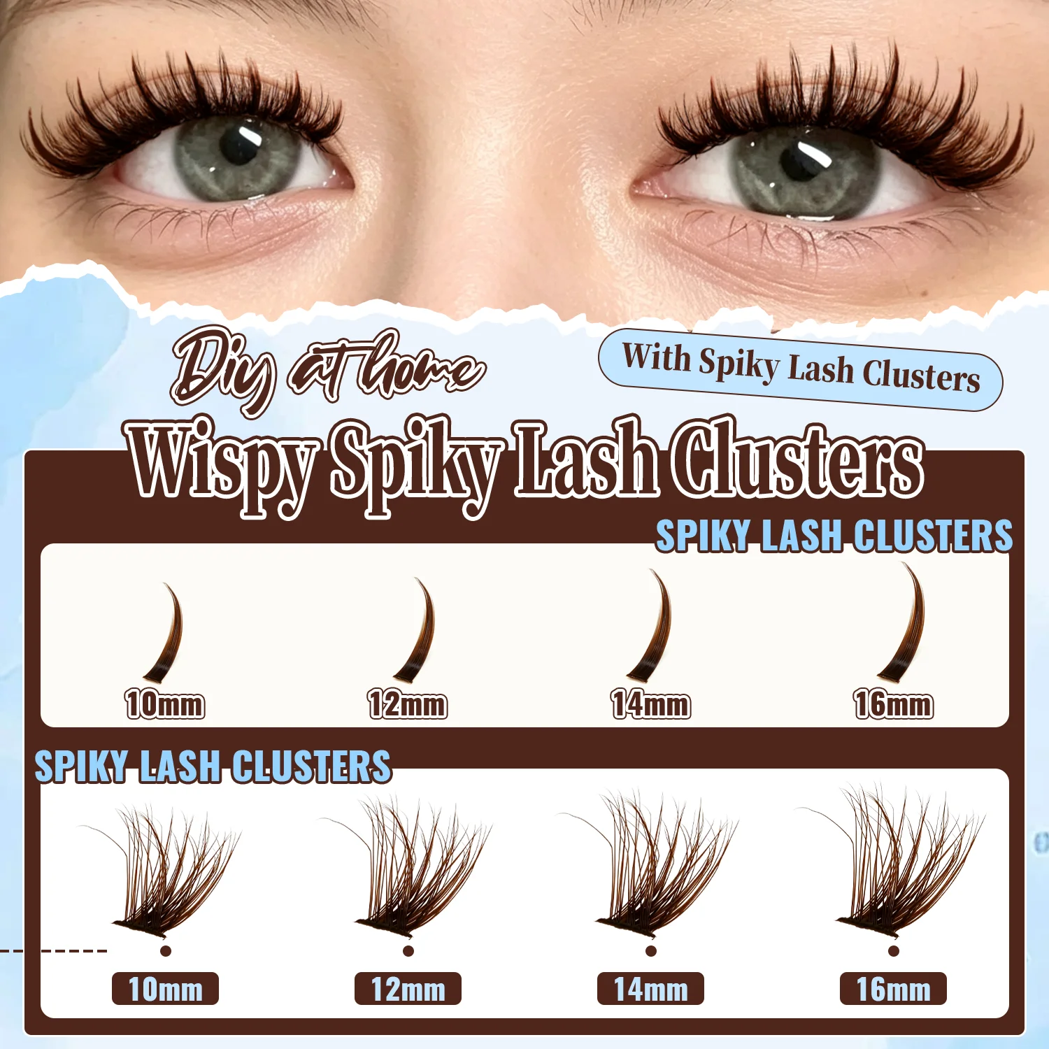 EIMNY Brown 50D Spike Cluster Lash Set, Create Natural Or Manga Eye Styles, Ideal For Blonde, Brown, Red Hair Shades