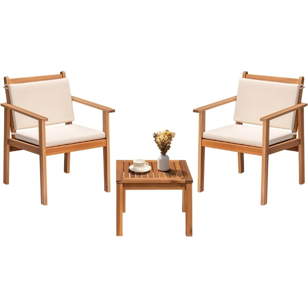 

Outdoor Patio Furniture, 3 Piece Bistro Sofa Set with 1 Coffee Table and 2 Chairs, Acacia Wood Conversation Sets with Cushions