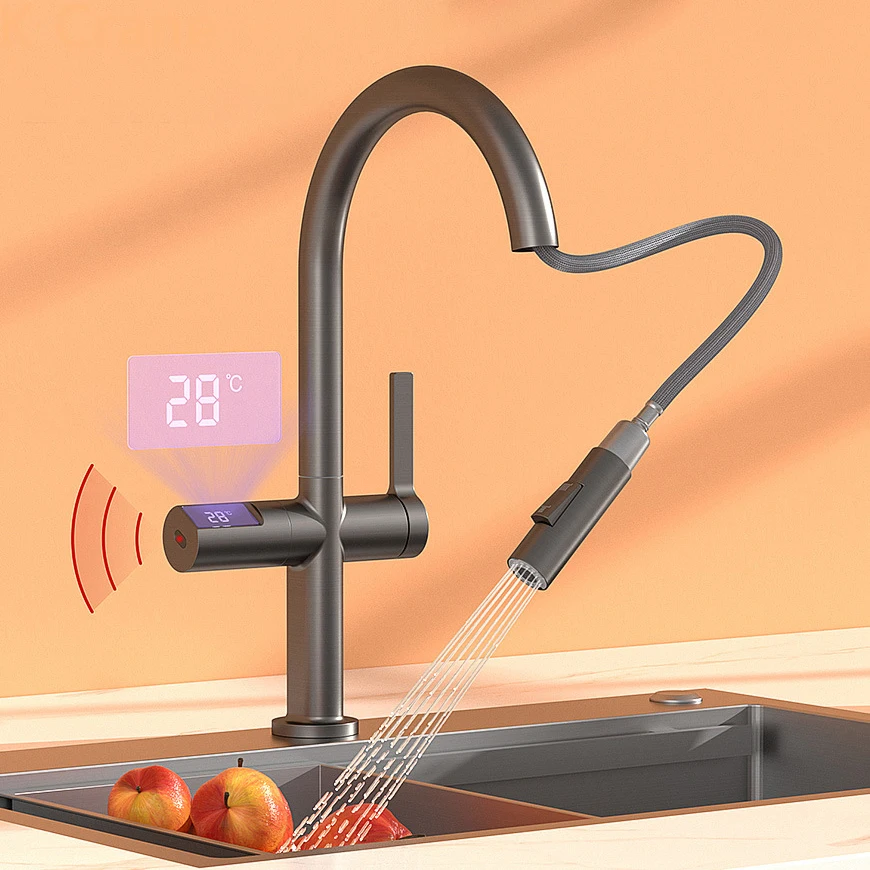 Touchless Digital Faucet Kitchen Infrared Motion Sensor Tap Sink Hot Cold Pull Out Mixer Crane Modern Gun Gray Smart LED Faucets