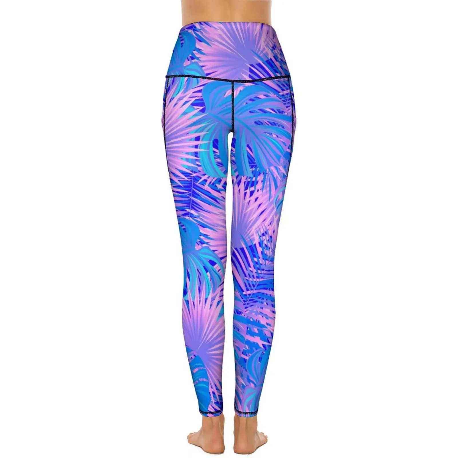 Pantaloni da Yoga a foglia viola con tasche Leggings con piante tropicali Push Up collant sportivi da Yoga carini Leggins da corsa elasticizzati per il Fitness