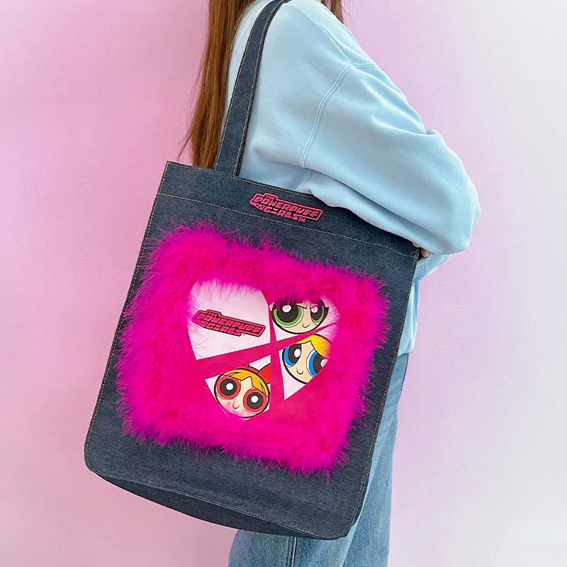 

Мультфильм ‌ Джинсовая холщовая сумка для девочек The Powerpuff, большая вместительная ярко-розовая сумка на плечо, литературная уникальная сумка, женский подарок на праздник