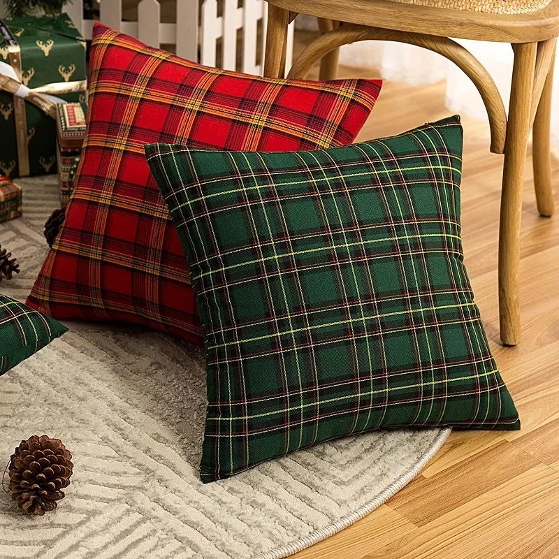 Set of 2 Christmas Buffalo Check Plaid Throw Pillow Covers Cushion Case Polyester for Farmhouse Home Decor Red and Green Cojines