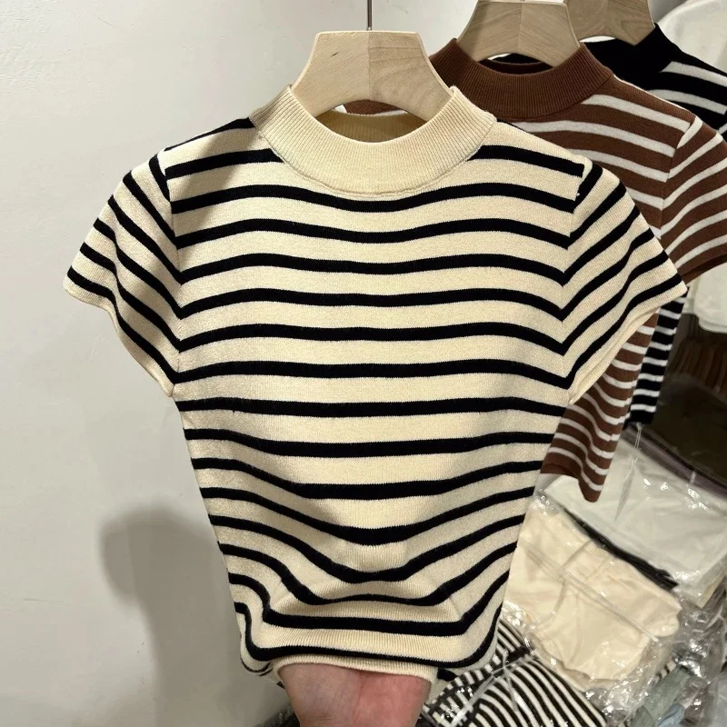 2026 Women Half Turtleneck Striped Pullover Slim Fit Short Sleeve Top Early Spring Autumn Bottoming Shirt
