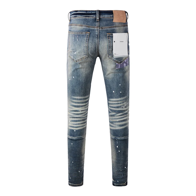 Classic Light Indigo Splash Paint Summer\'s Streetwear High Stretch Distressed Skinny Button Fly Patchwork Ripped Jeans Pants